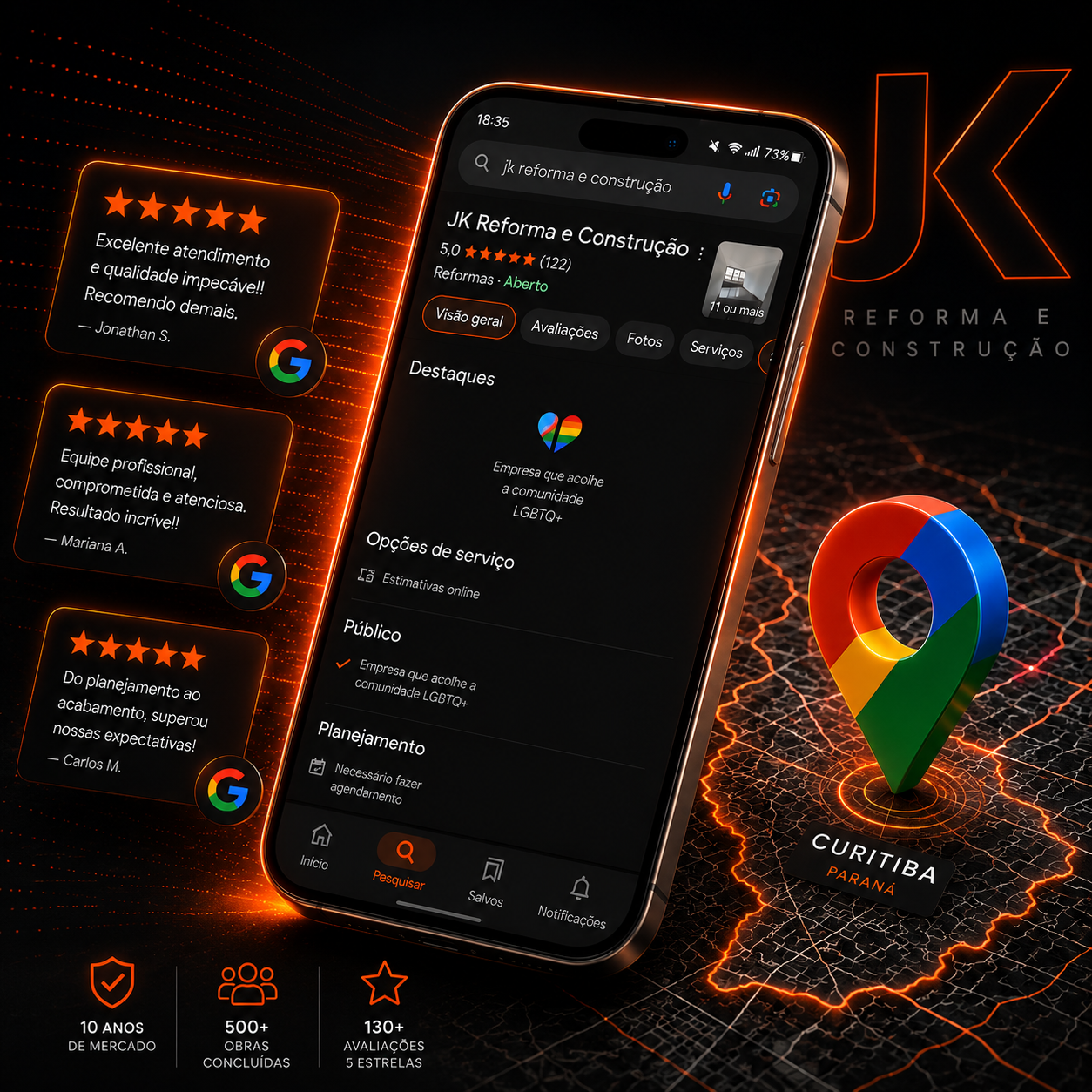 Perfil do google meu negócio da JK Reforma e Construção